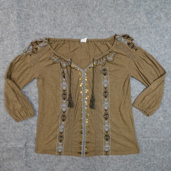Anthropologie Top Womens S/M? Akemi Kin Embroidered Popover Tassel Green Boho - Picture 1 of 8